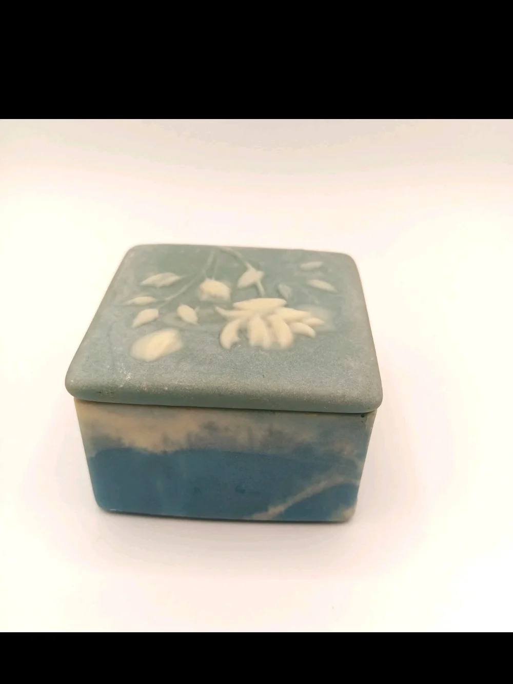 1970's Blue Floral Incolay Jewelry Trinket Box